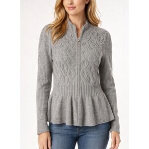 La Vie Rebecca Taylor Women Cable Knit Cardigan Sweater Wool Zip Gray Size L